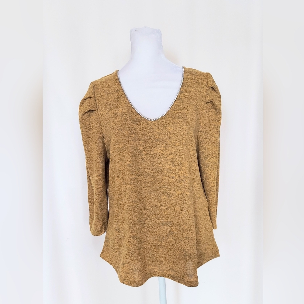 Louis Paris Rhinestone Trim Puff Sleeve Knit Sweater Yellow Size PL Petite Large